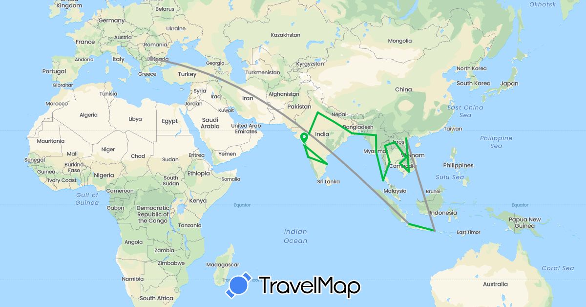 TravelMap itinerary: driving, bus, plane in Bulgaria, Indonesia, India, Cambodia, Laos, Myanmar (Burma), Thailand, Vietnam (Asia, Europe)
